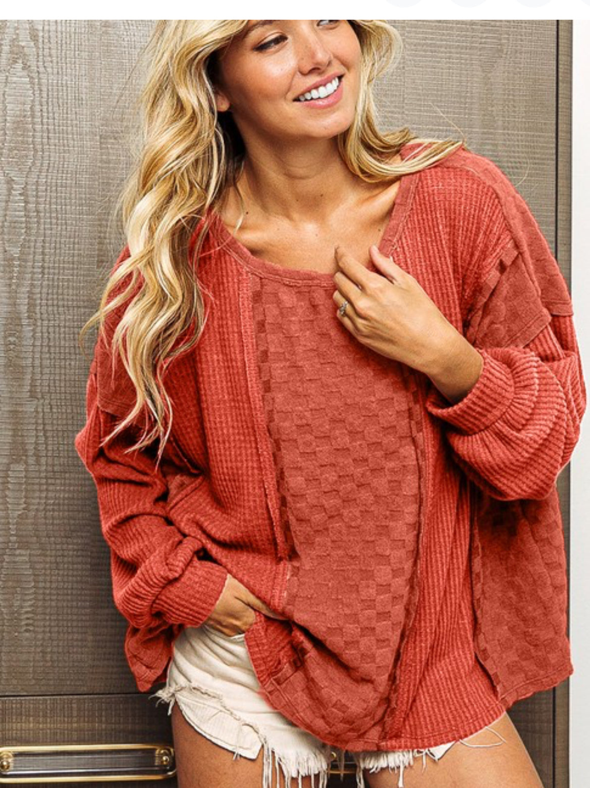 Rust Checker Waffle Combo Top