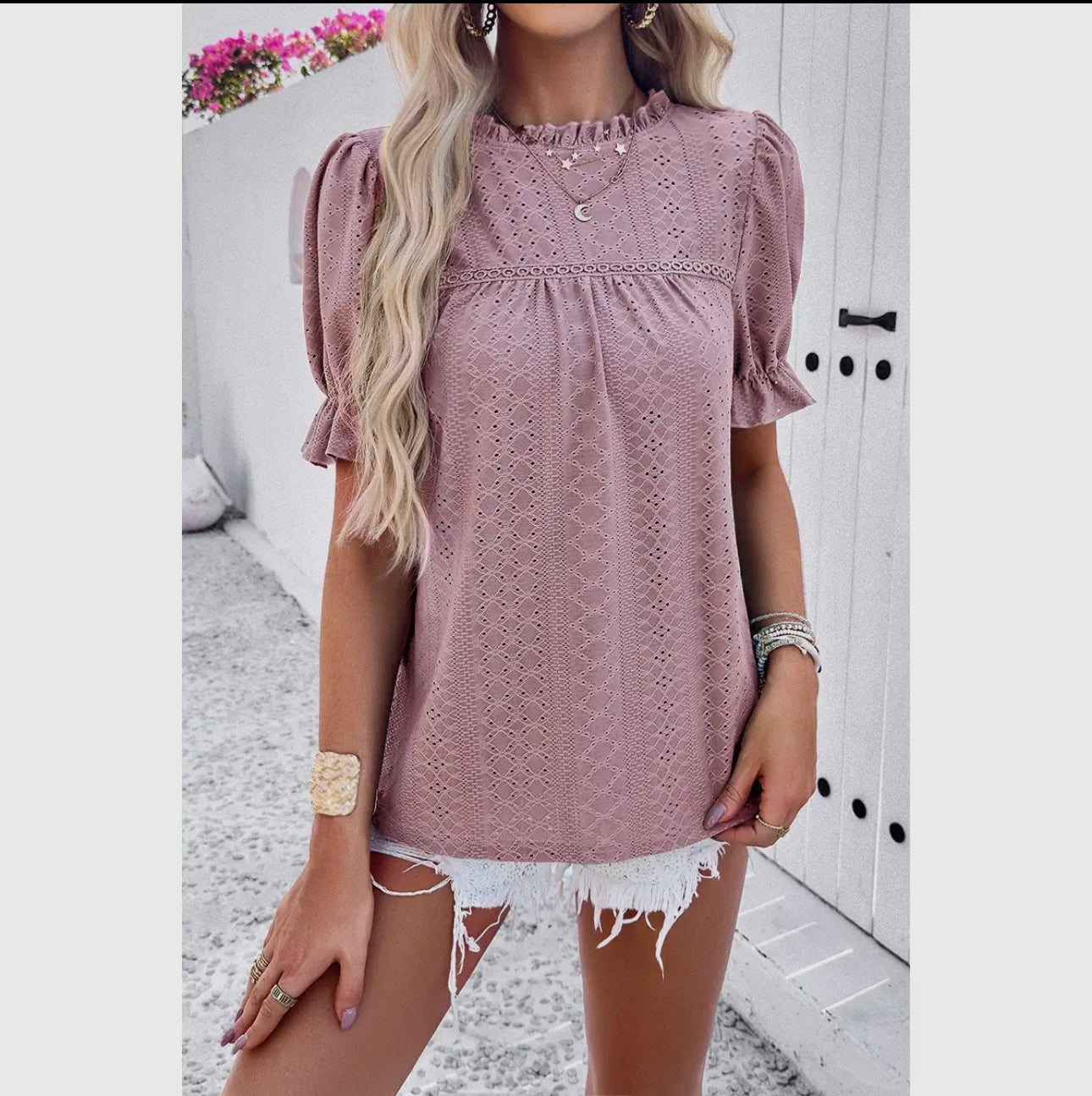 Embroidered Ruffle Sleeve Top