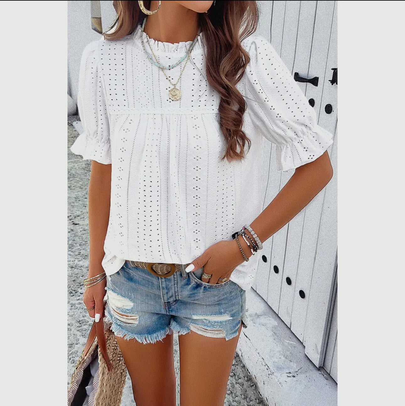 Embroidered Ruffle Sleeve Top