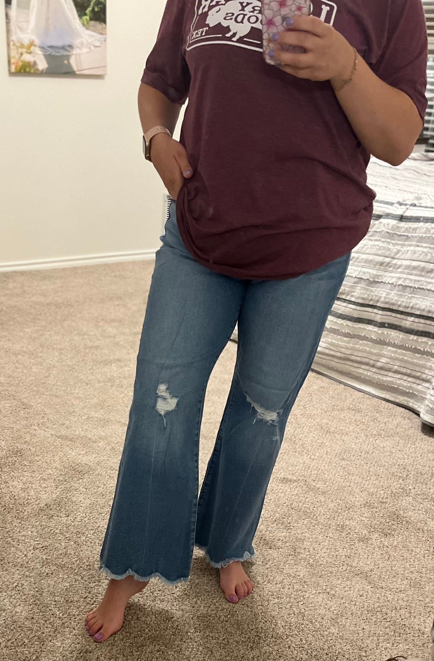 Denim Cropped Frayed Hem Flares