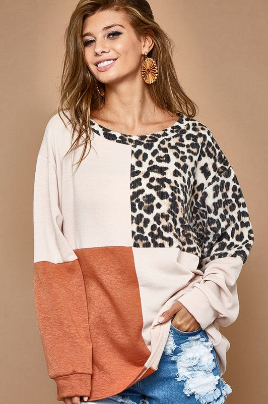 Leopard Color Block Sweater Blouse