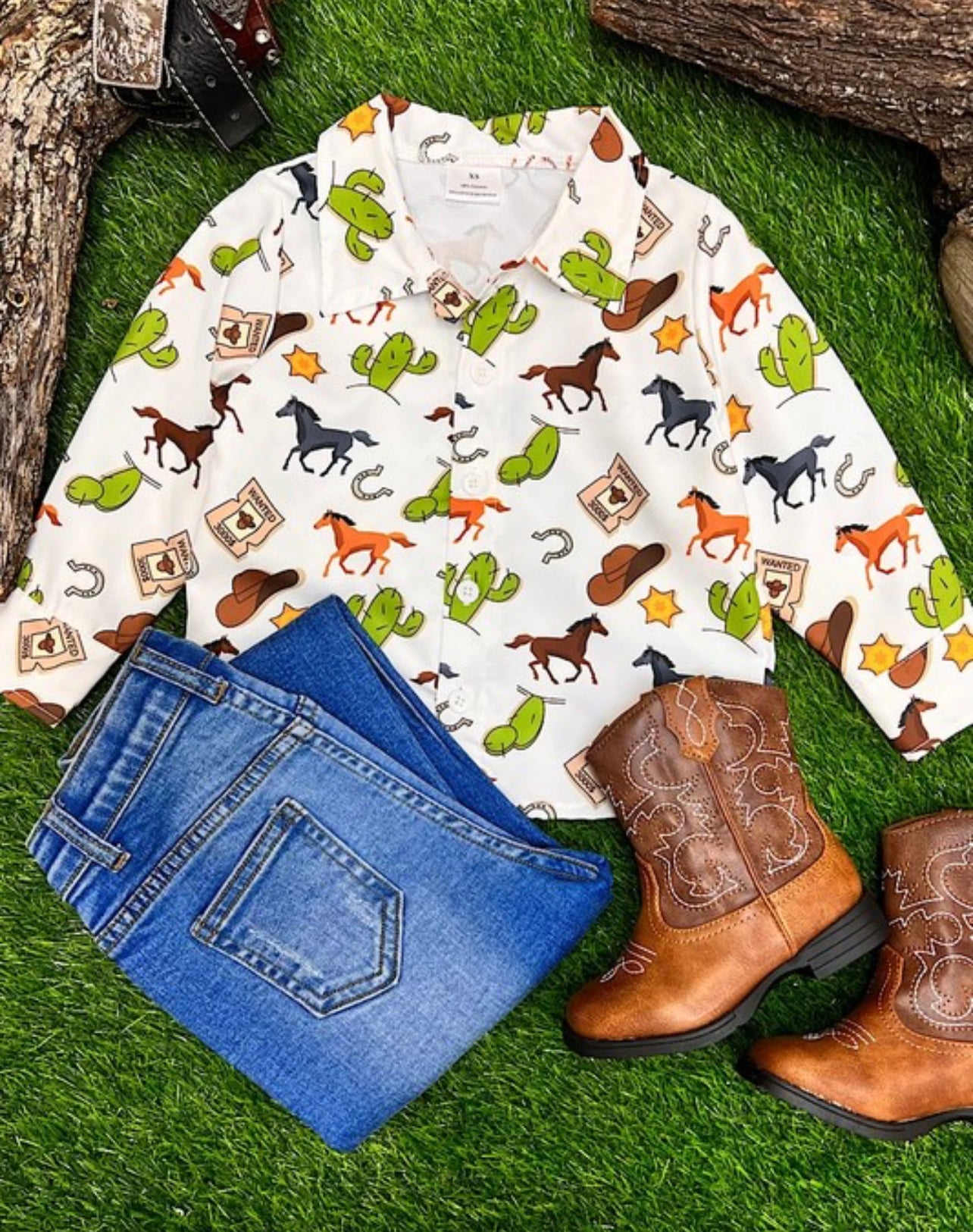Horses and Cactus Western Wanted Button Up Shirt