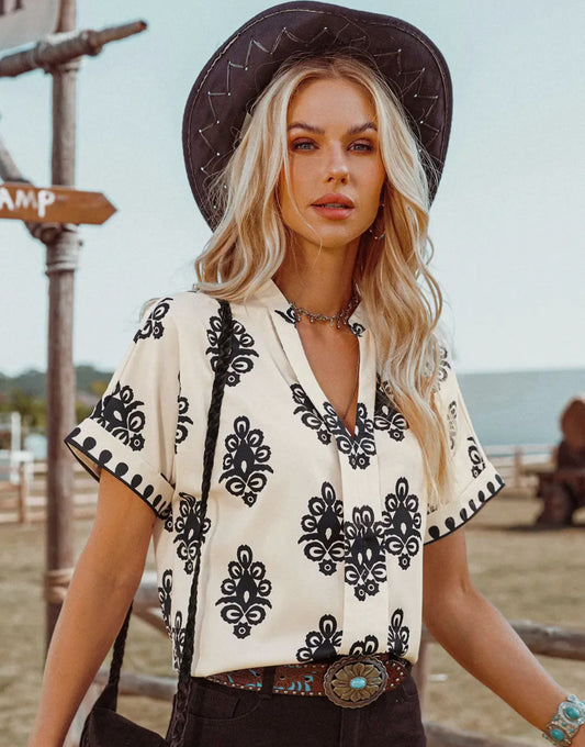 Boho Geometric V-Neck Top