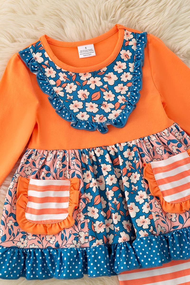 Blue Orange stripe & floral block ruffle tunic & bell bottoms. OFG61978 AMY