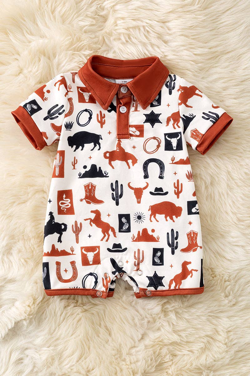 Ivory multi-printed western baby romper with snaps. RPB60290 AMY