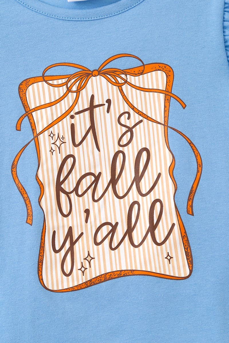 Fall Y'all" Blue ruffle top and orange pants with ivory lace hem. OFG61411 JEAN