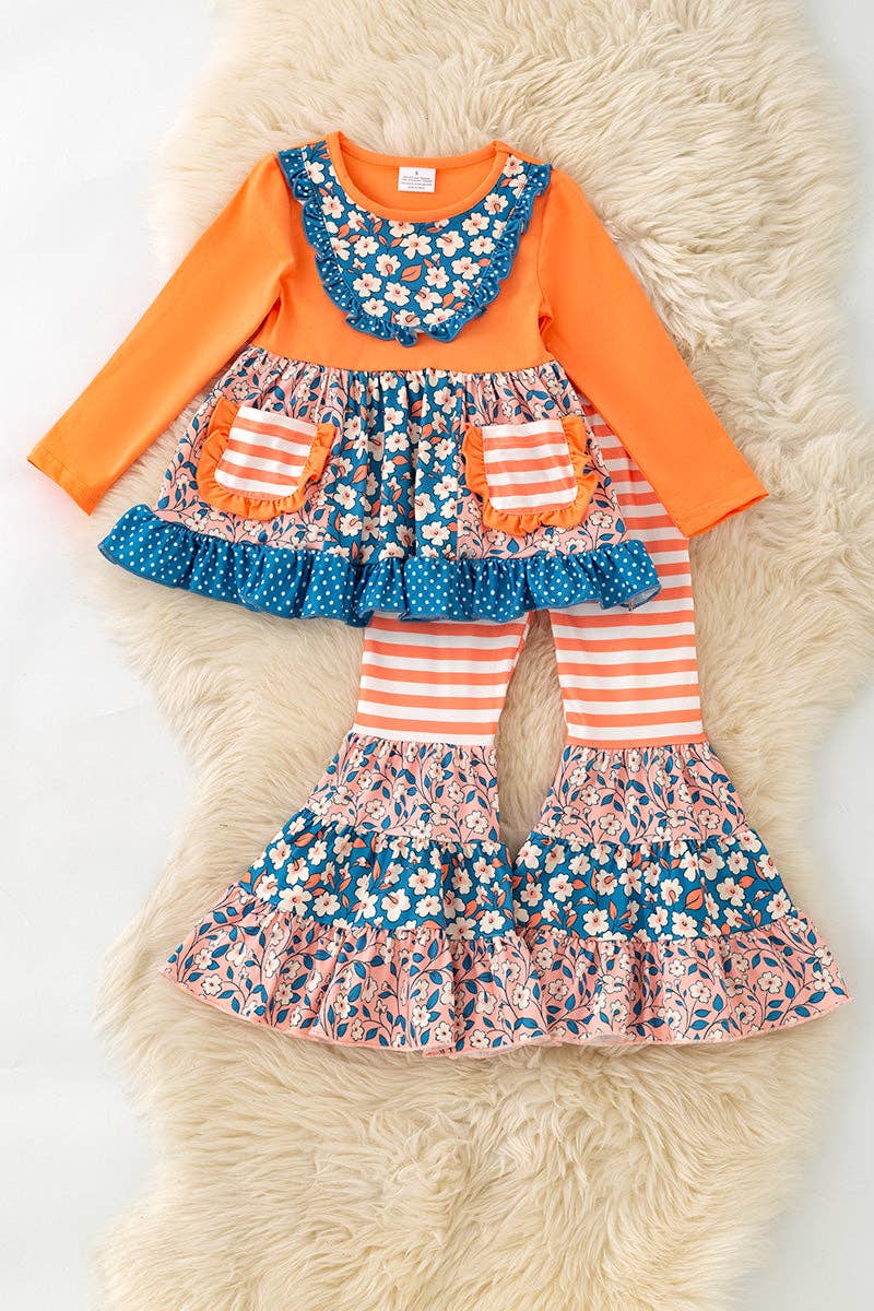 Blue Orange stripe & floral block ruffle tunic & bell bottoms. OFG61978 AMY