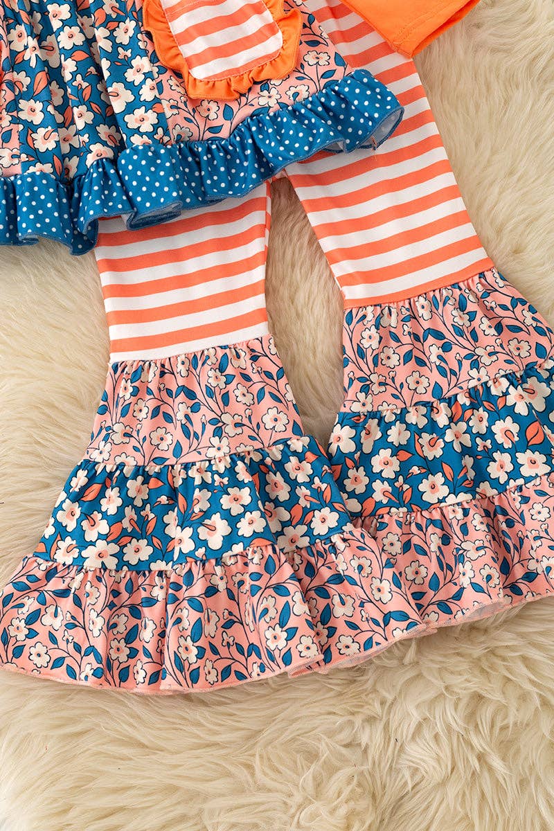 Blue Orange stripe & floral block ruffle tunic & bell bottoms. OFG61978 AMY