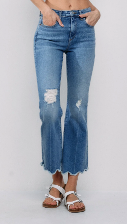 Denim Cropped Frayed Hem Flares