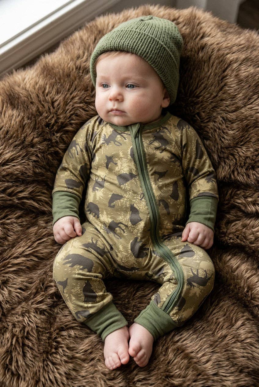 Moss green w/ wild animal printed baby romper. Fold over hands & footie. LR0505-7-AMY