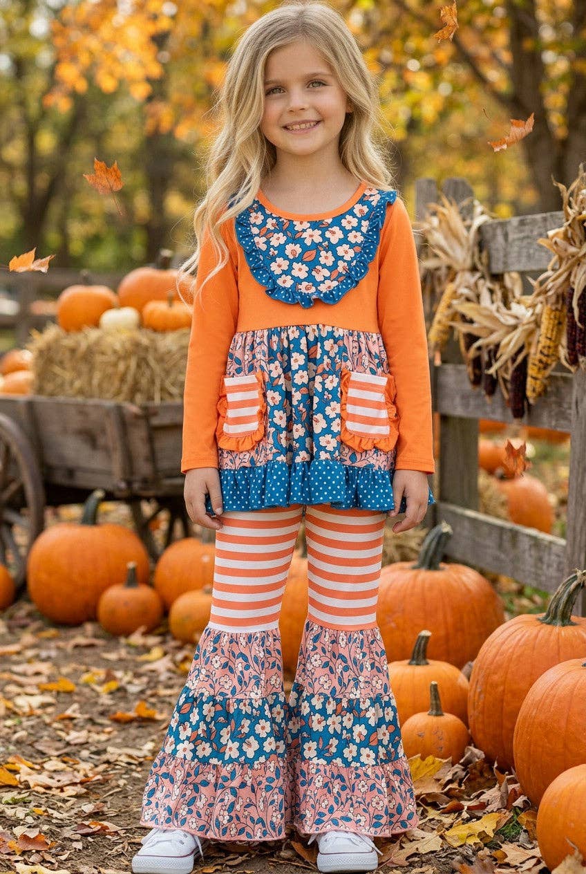 Blue Orange stripe & floral block ruffle tunic & bell bottoms. OFG61978 AMY