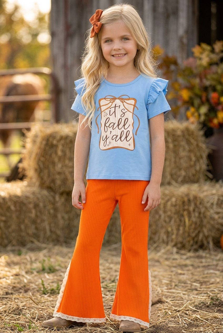 Fall Y'all" Blue ruffle top and orange pants with ivory lace hem. OFG61411 JEAN