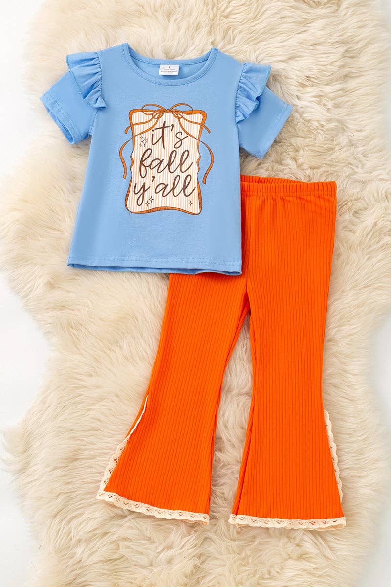 Fall Y'all" Blue ruffle top and orange pants with ivory lace hem. OFG61411 JEAN
