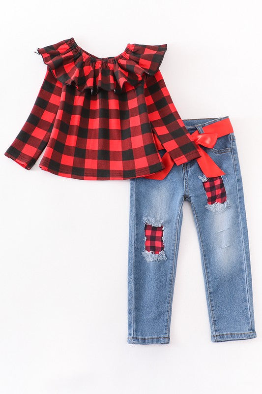 Red & Black Buffalo Check Top & Jeans Set